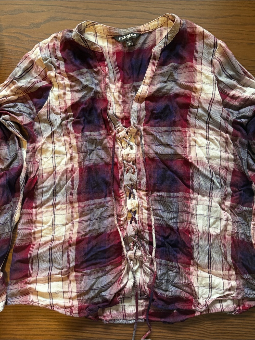 Express Plaid Lace-Up Button Shirt - Burgundy, Navy, Cream
